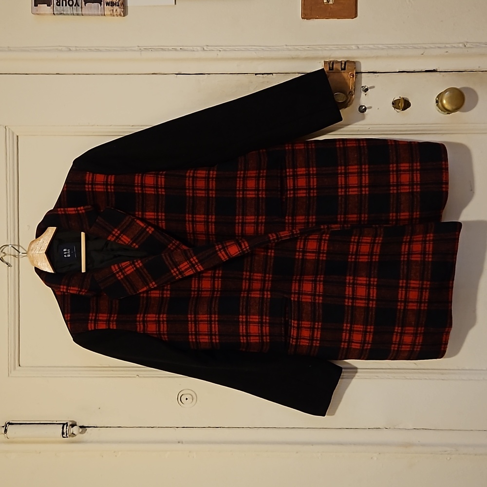 Black and red plaid coat with deep front pockets
